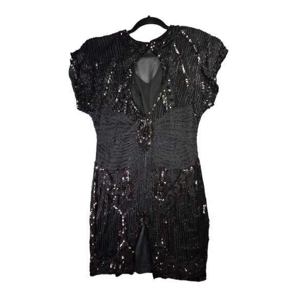 Vintage Pantagis Dress Womens Medium Black Silk Sequin Beaded Art Deco 80s Glam - Picture 2 of 14